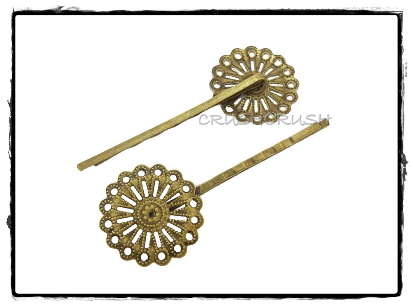 10pcs 1-3/32" (52mm) Antique Brass Filigree Bobby Pin Hair Clips 25mm Pad C54